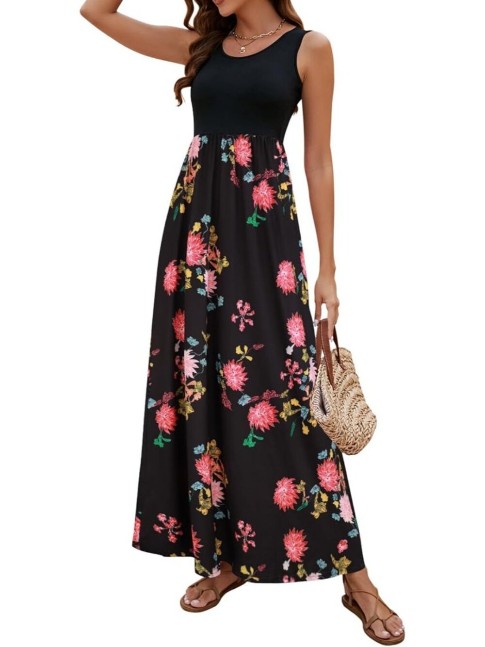 Women's Black Boho Floral Chevron Striped Maxi Sleeveless Party Tank Dress